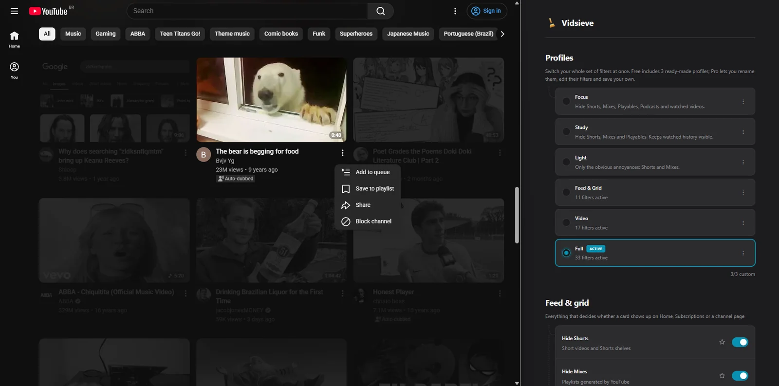 Blocking a channel and switching between filter profiles